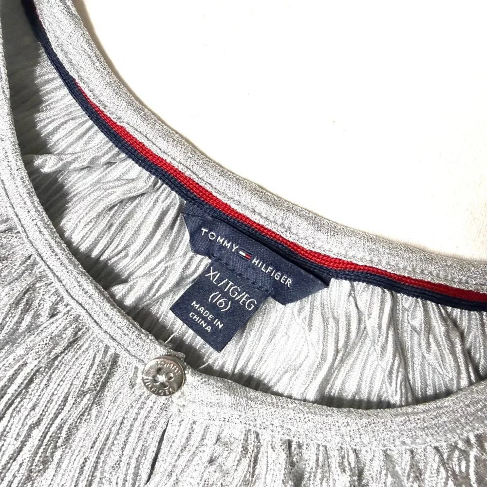 Tommy Hilfiger Girls Silver Metallic Dress with Ruffle Detail Size 16